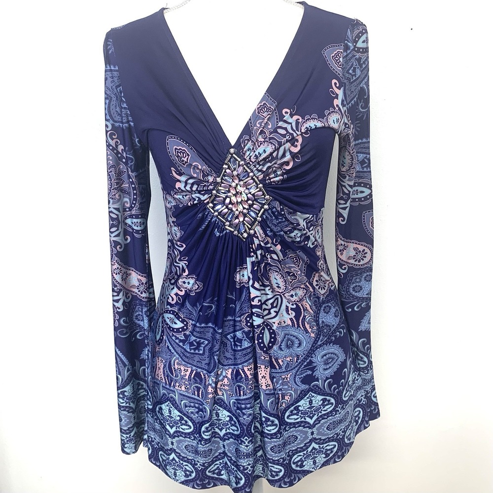 Venus Babydoll Long Flare Sleeve Top Small Blue Floral Print Beaded Stretch Boho